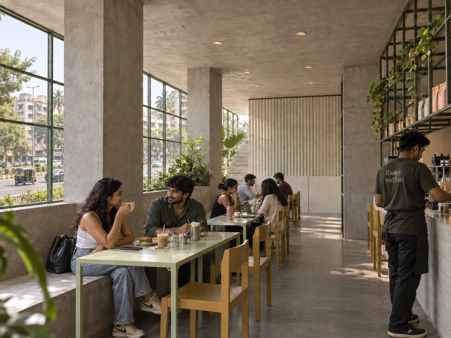 Barley and Bun — Indoor dining and café counter; architectural visualisation.