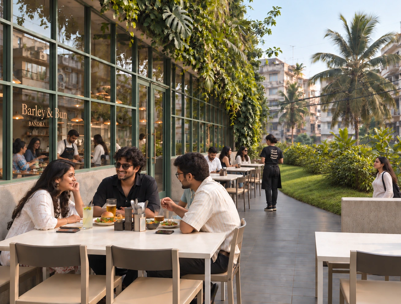 Barley and Bun — Outdoor seating along the planted frontage; architectural visualisation.