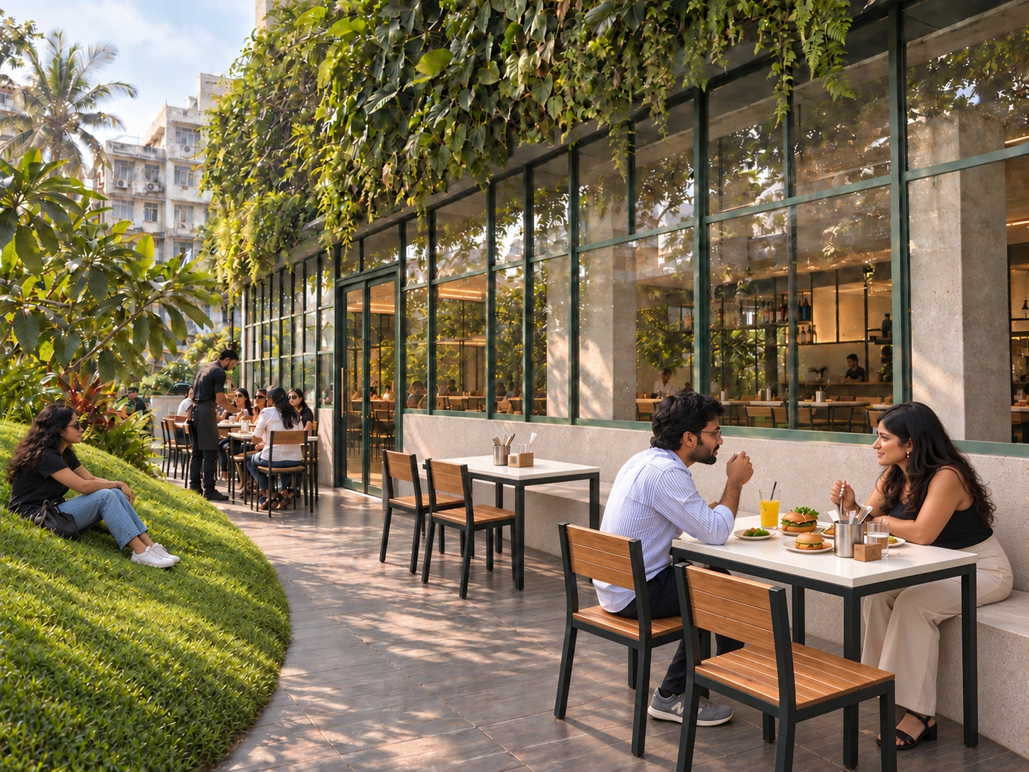 Barley and Bun — Outdoor terrace; architectural visualisation.