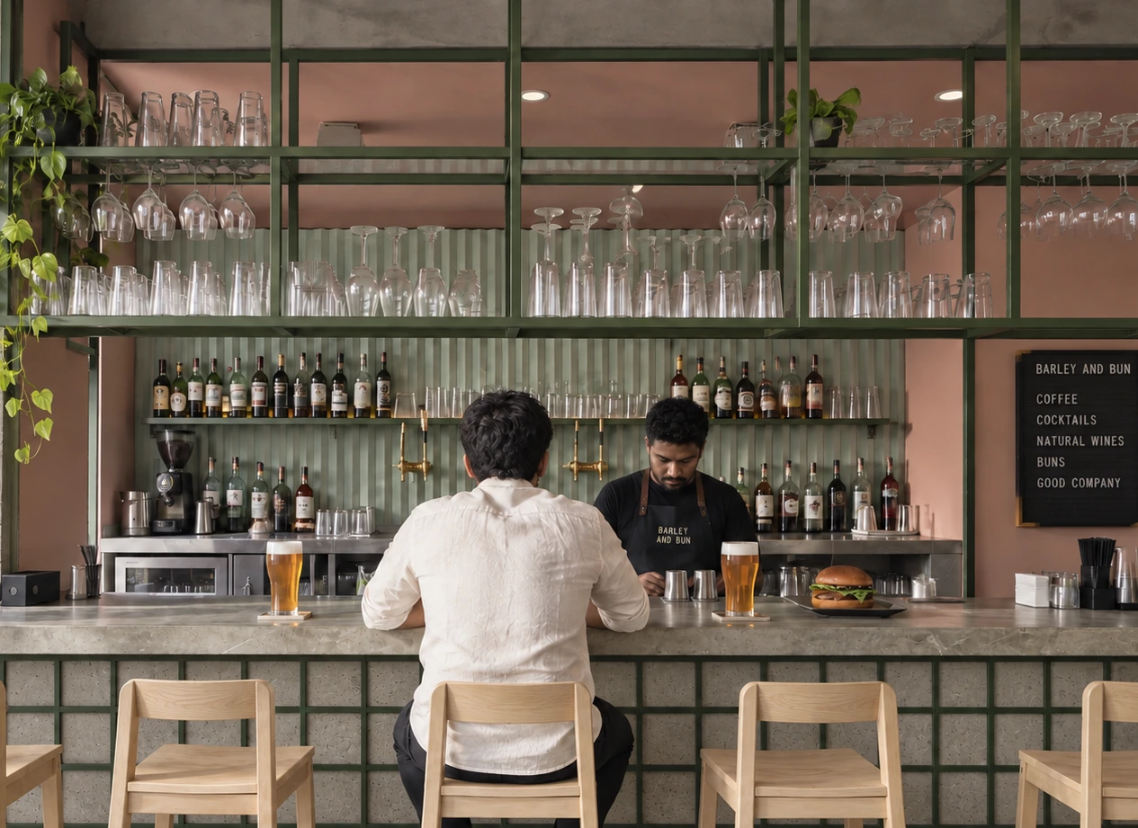 Barley and Bun — Bar counter and suspended shelving; architectural visualisation.