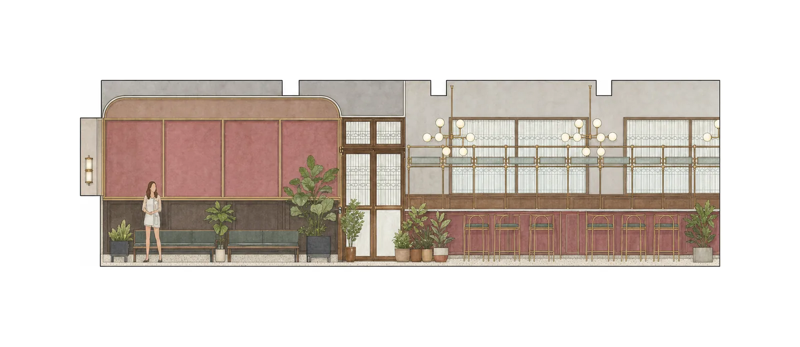 EPISODE Kolkata — Architectural section elevation A showing wall dados, decorative moldings, and interior proportions.