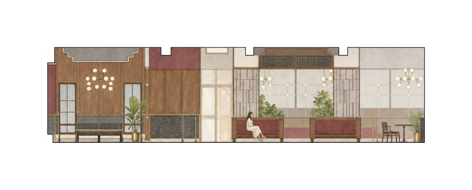 EPISODE Kolkata — Longitudinal architectural section elevation B showing continuous spatial progression across chambers.