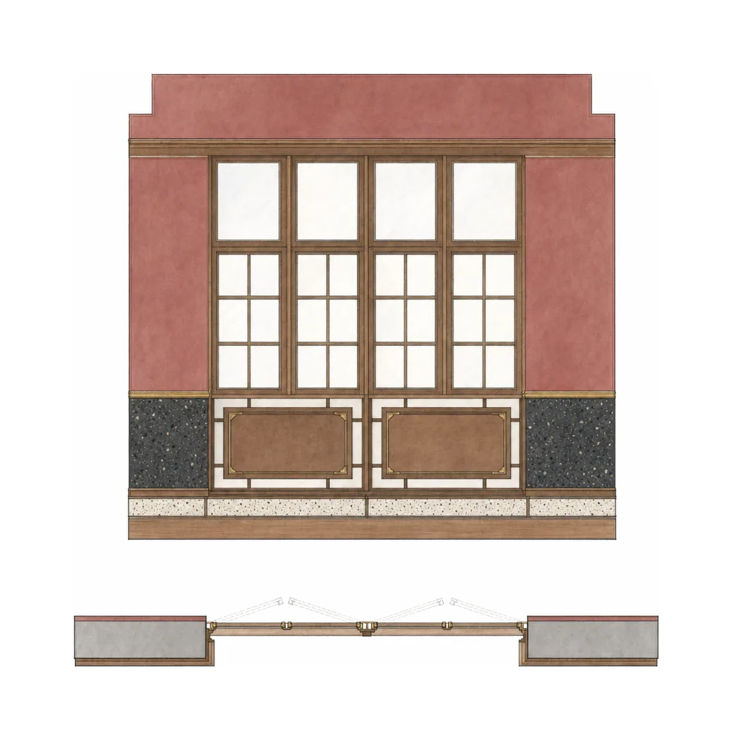 EPISODE Kolkata — Architectural window construction detail: elevation and plan showing timber framing and fluted glazing.
