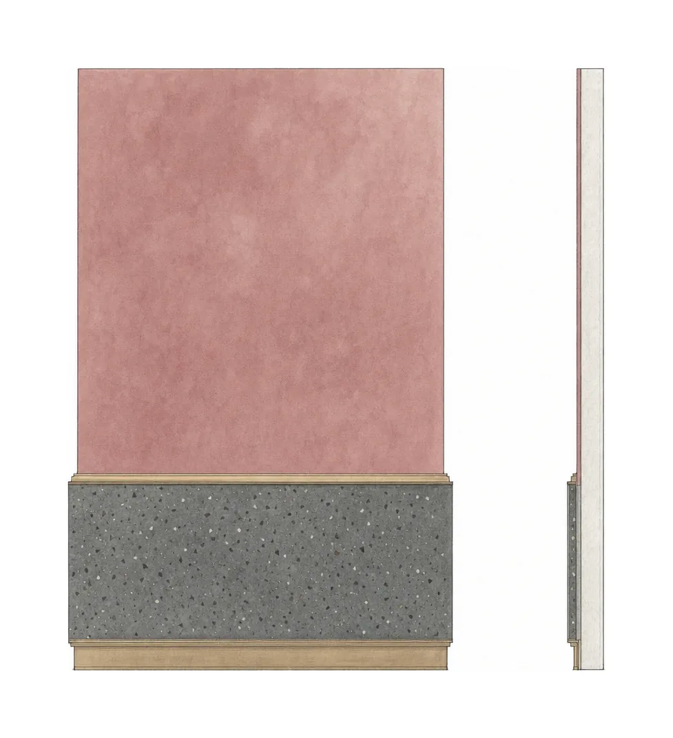 EPISODE Kolkata — Architectural wall construction detail: lime plaster wall, timber molding, and terrazzo dado section.
