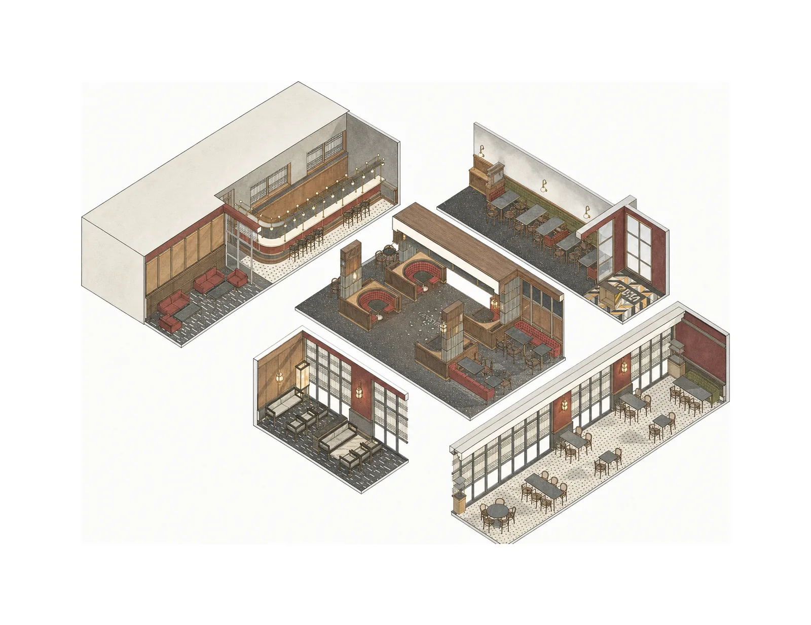EPISODE Kolkata — Exploded isometric of all the rooms; AI-assisted architectural illustration.
