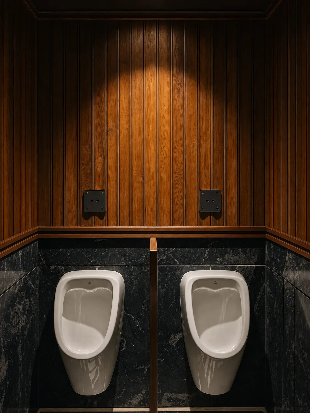 EPISODE Powai — Washroom, timber-slatted wall over black marble cladding.