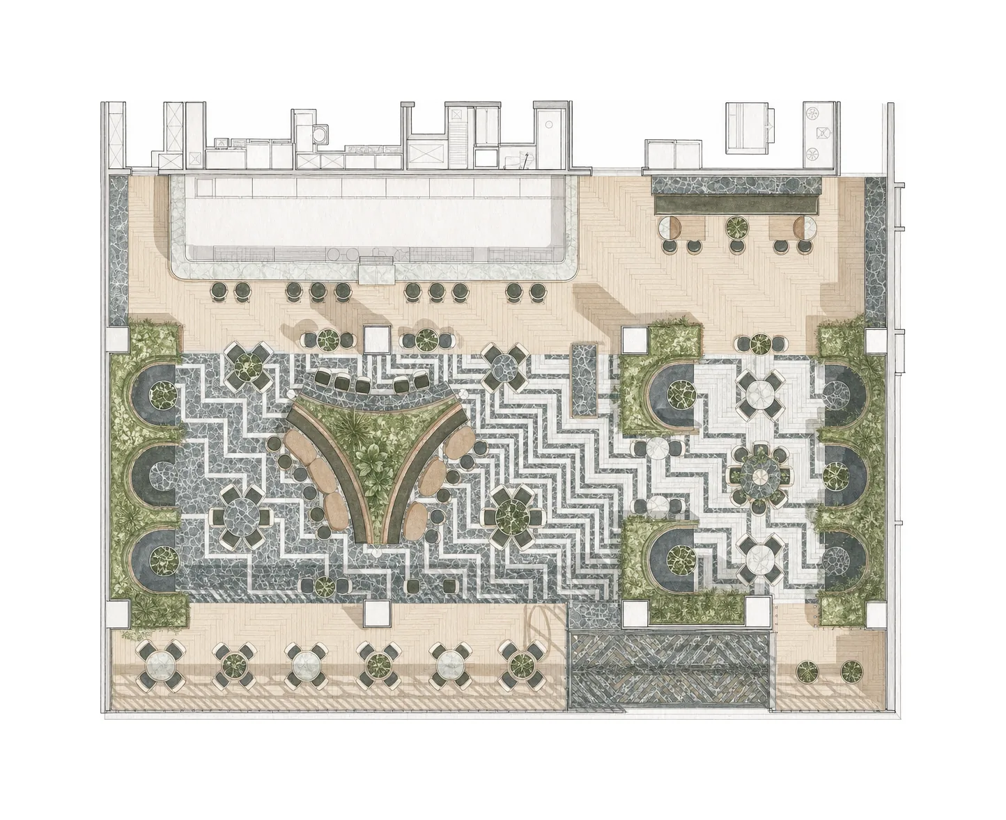 EPISODE Powai — Architectural general arrangement plan showing the 6,000 sq ft hall organized around the central planter.