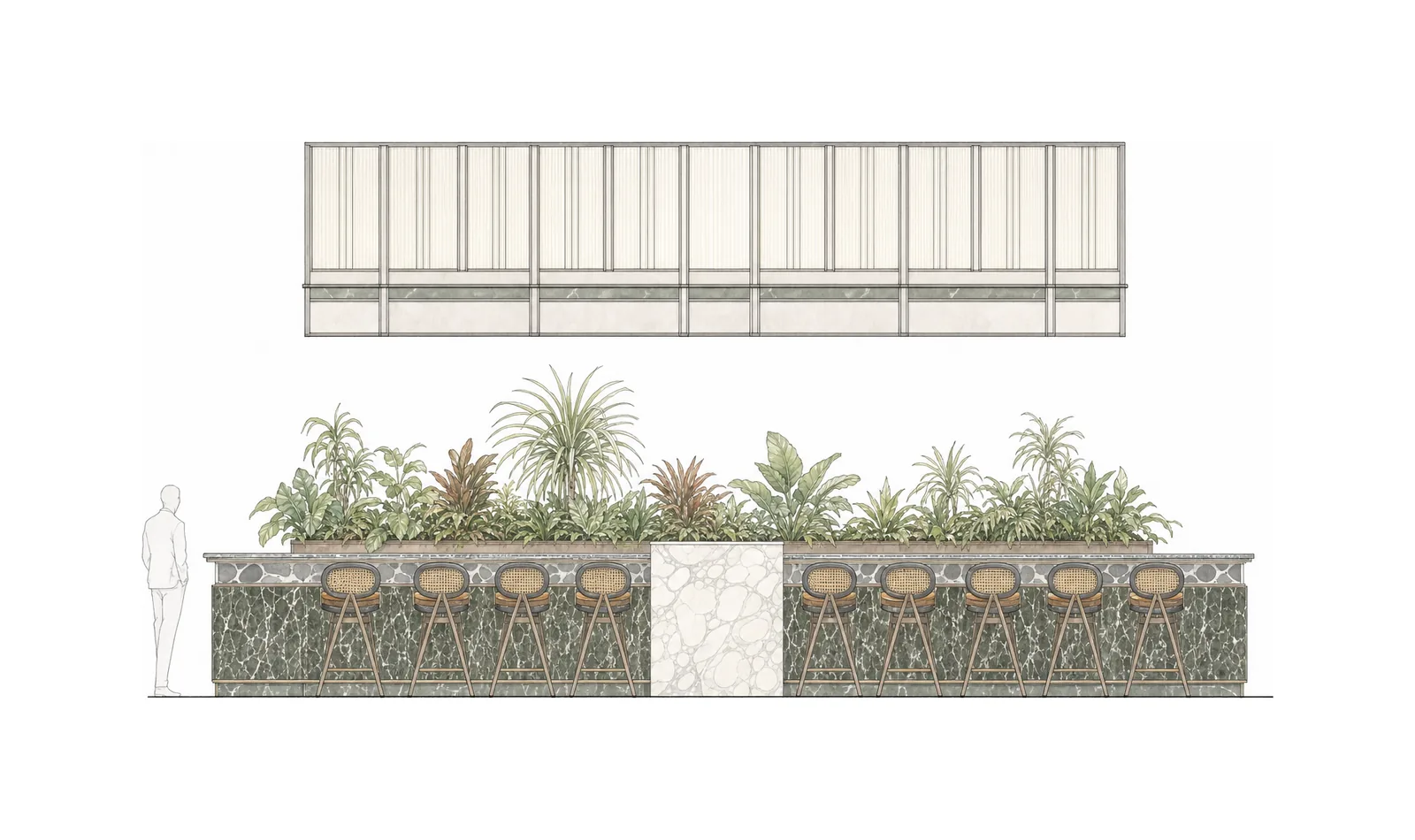 EPISODE Powai — Architectural bar elevation drawing showing the 40-foot counter, carved Tap Room marble station, and suspended bottle cage.