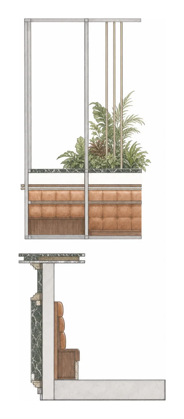 EPISODE Powai — Architectural section detail through the bar counter, footrail, raised floor build-up, and overhead gantry.