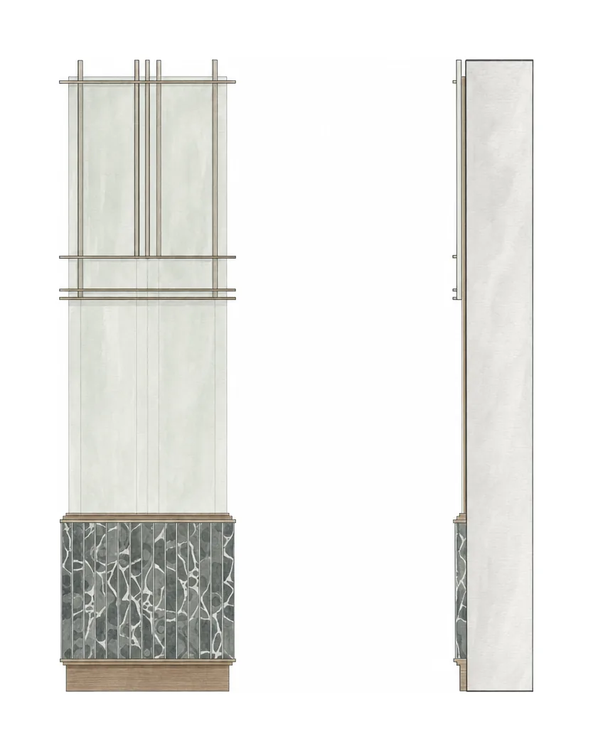 EPISODE Powai — Architectural column cladding detail: elevation and section showing fluted marble staves, timber molding, and mirror backing.