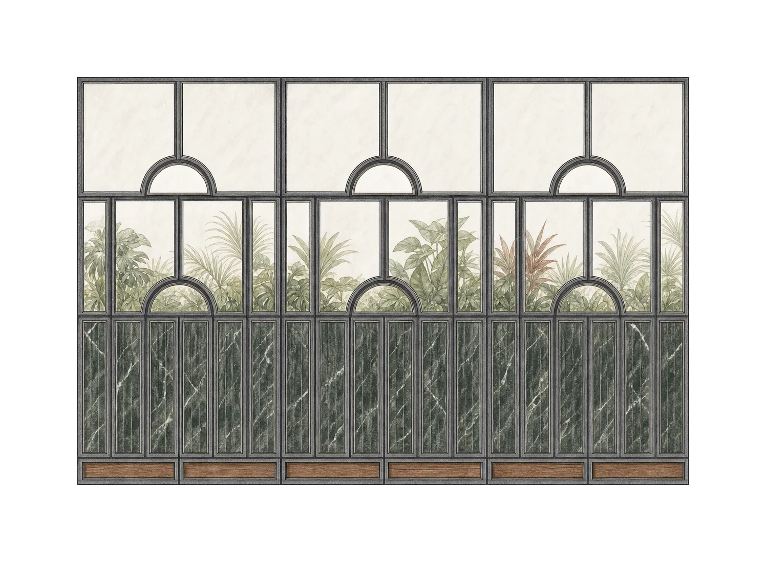 EPISODE Powai — Architectural glazed facade screen detail: elevation, plan, and section of arched steel corridor screens.