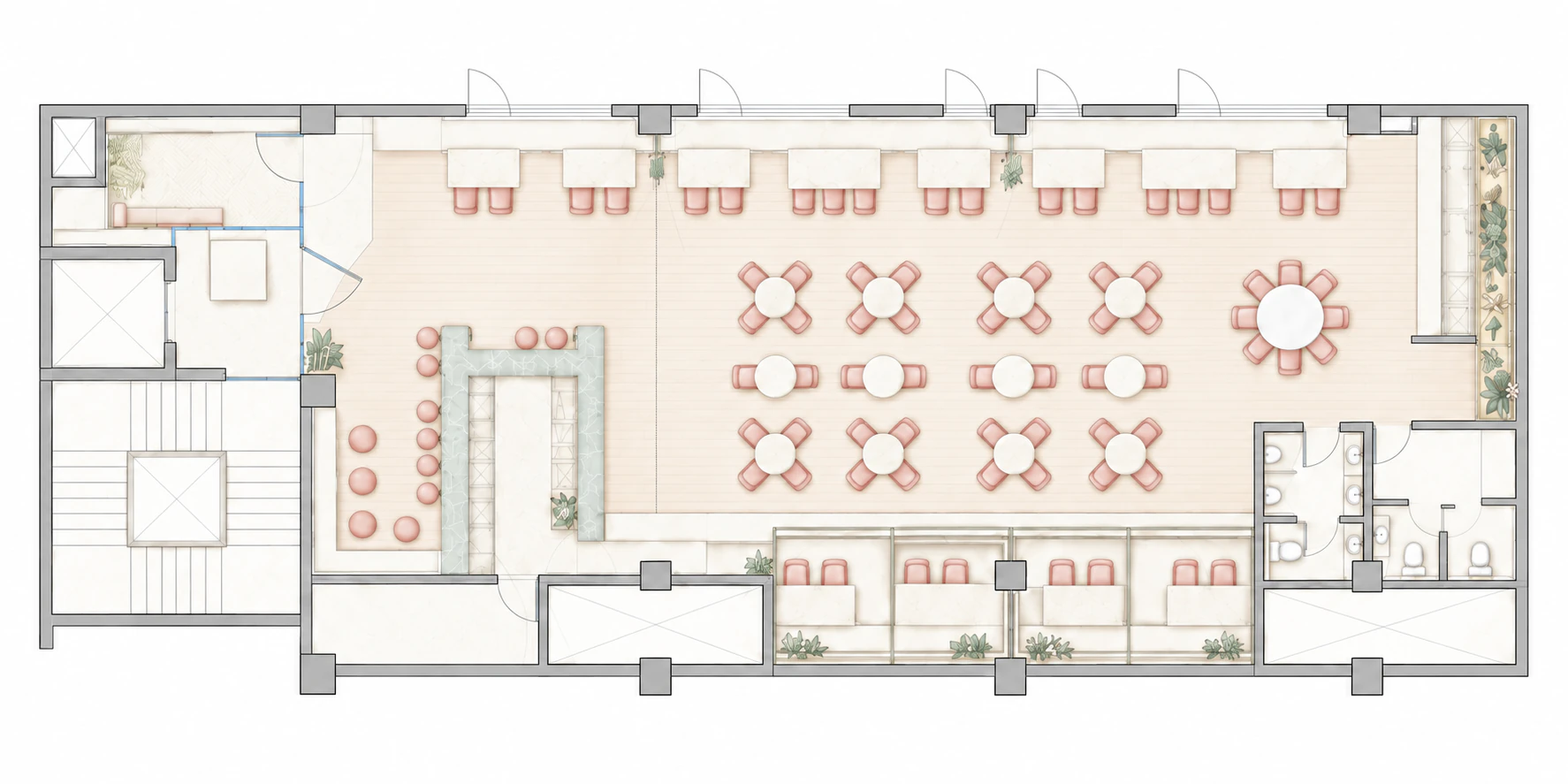 Light muted architectural illustration of general arrangement for Gong restaurant in Powai, Mumbai.