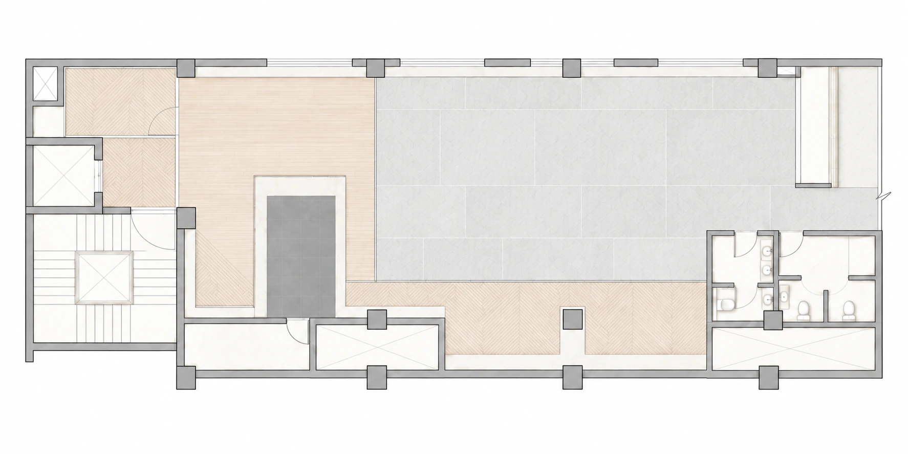 Light muted architectural illustration of floor finishes for Gong restaurant in Powai, Mumbai.