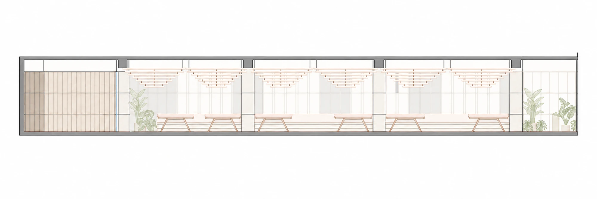 Light muted architectural illustration of section aa - overall for Gong restaurant in Powai, Mumbai.