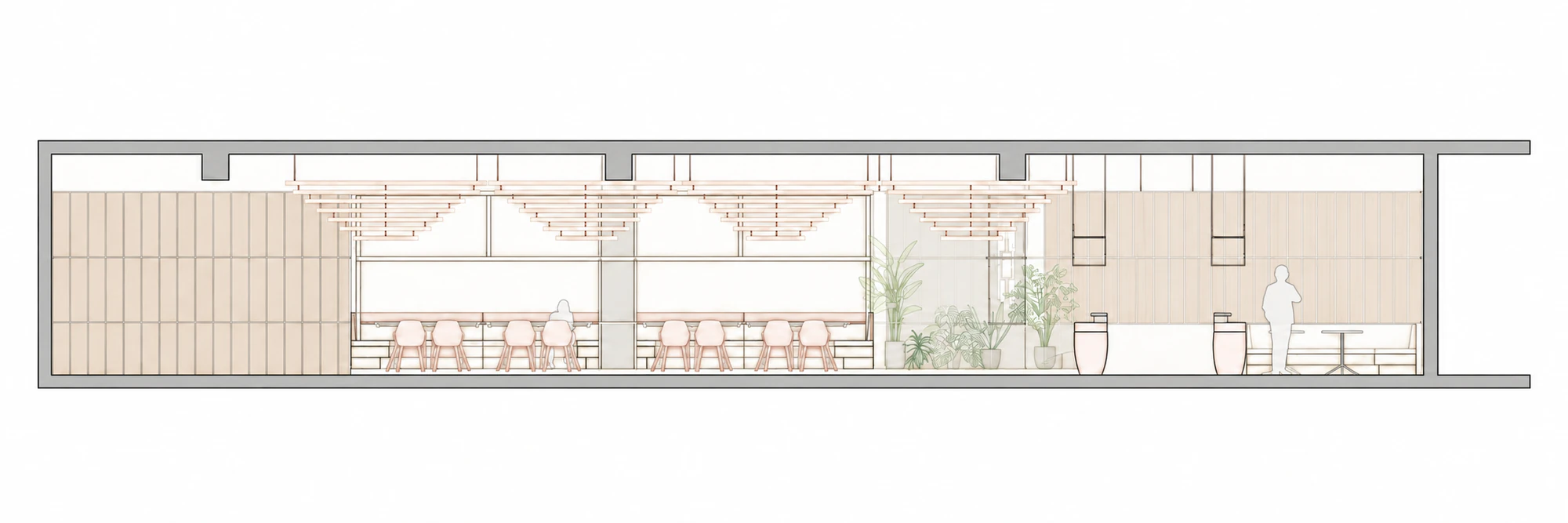 Light muted architectural illustration of section bb - overall for Gong restaurant in Powai, Mumbai.