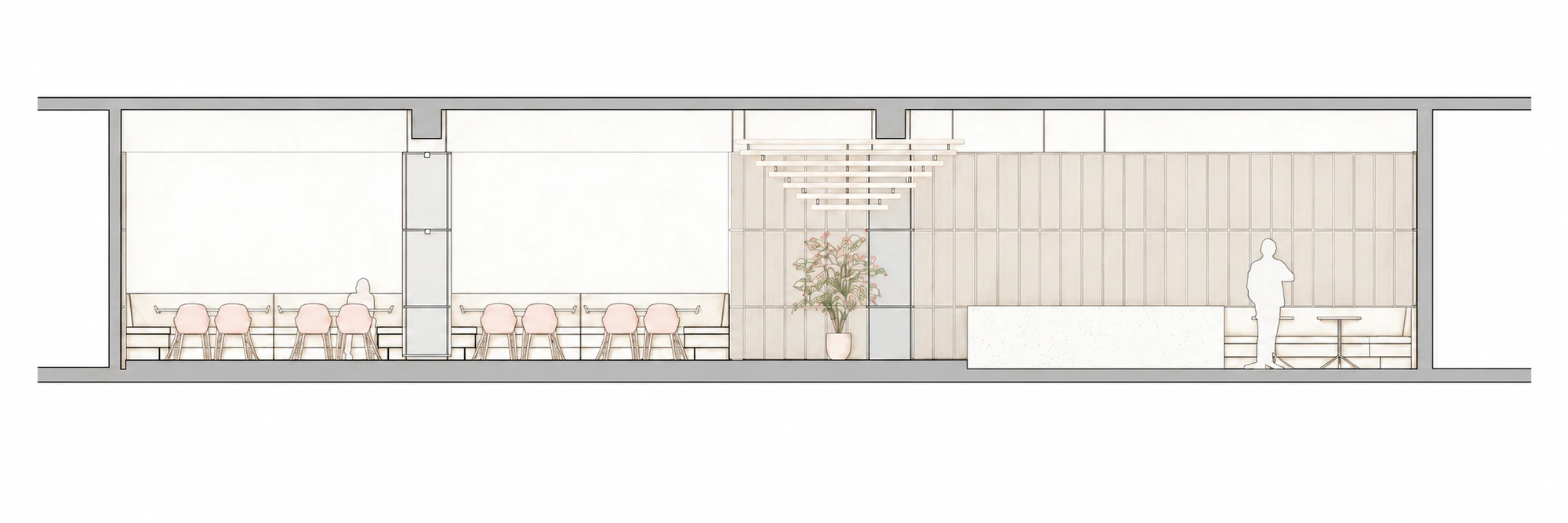 Light muted architectural illustration of section cc - overall for Gong restaurant in Powai, Mumbai.