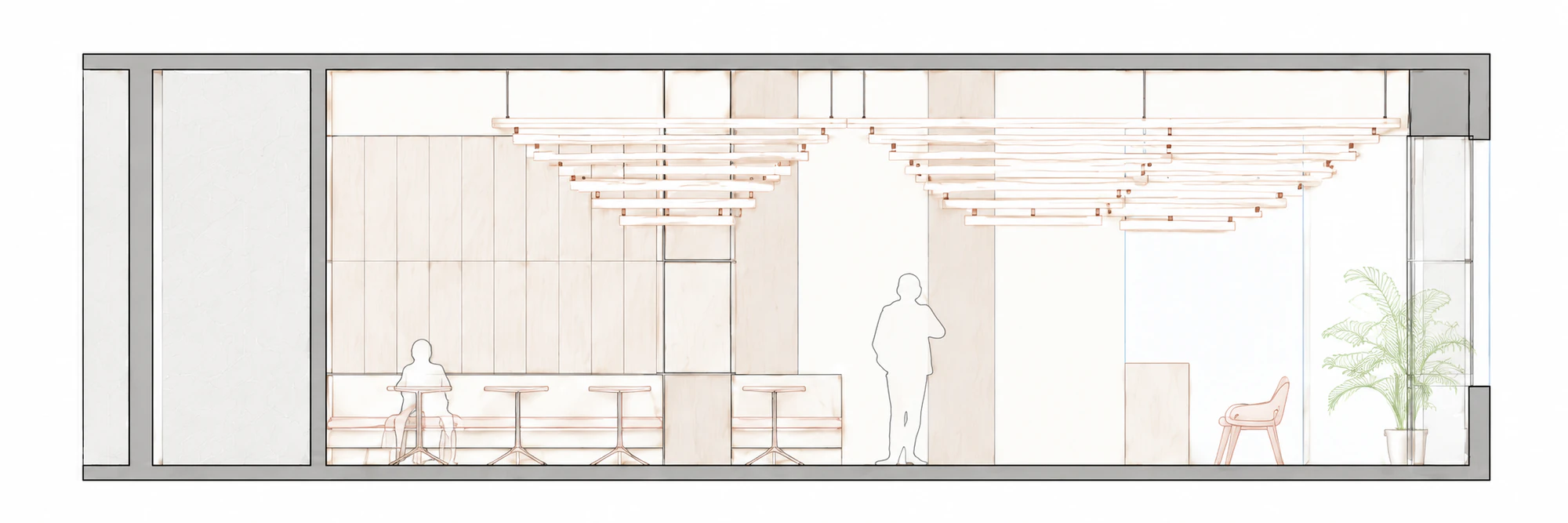 Light muted architectural illustration of section dd for Gong restaurant in Powai, Mumbai.