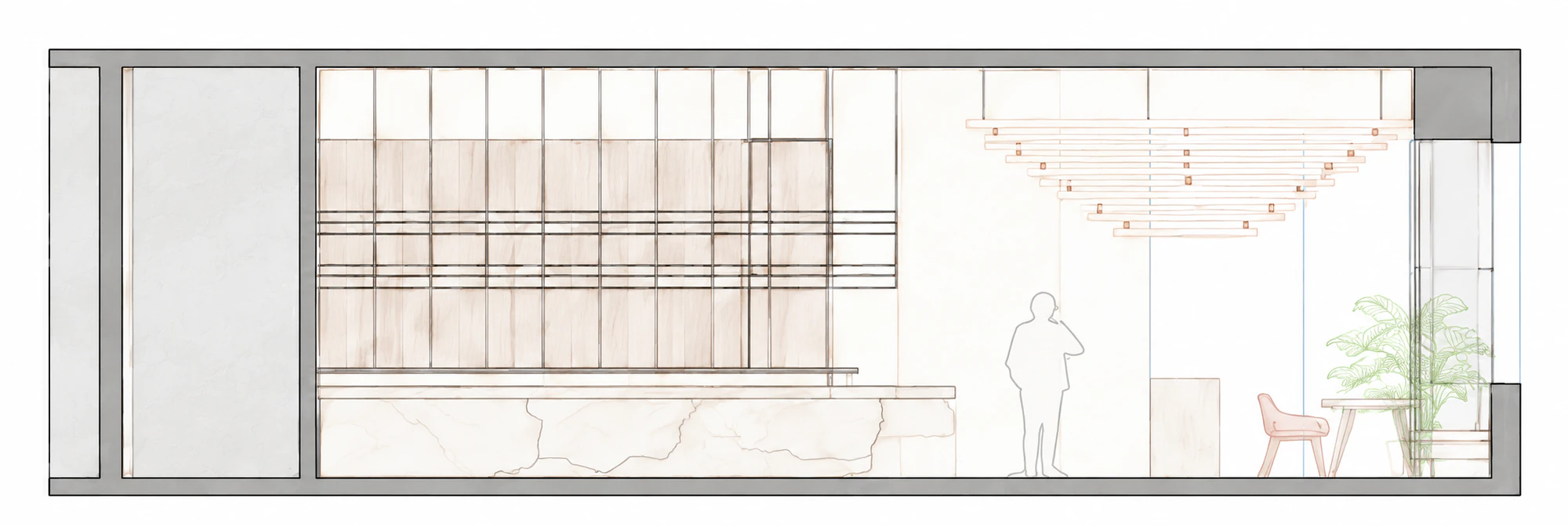 Light muted architectural illustration of section ee for Gong restaurant in Powai, Mumbai.