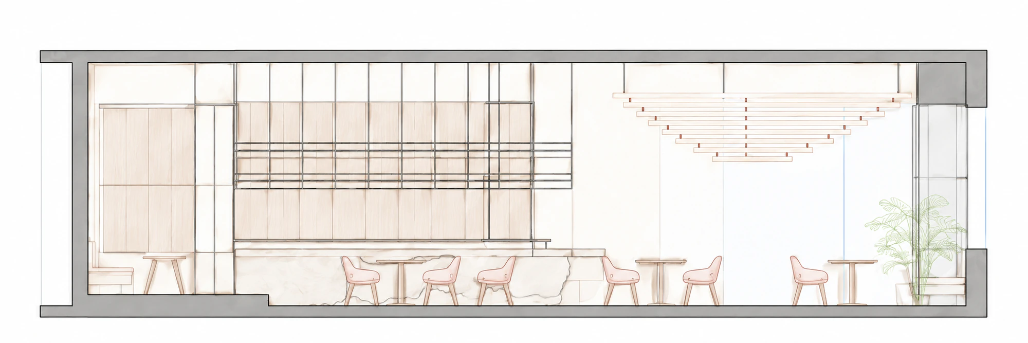 Light muted architectural illustration of section ff for Gong restaurant in Powai, Mumbai.