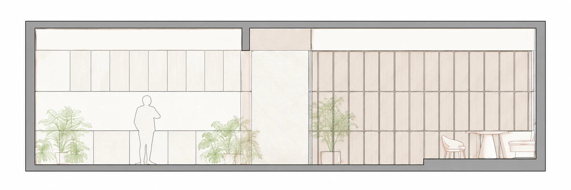 Light muted architectural illustration of section gg for Gong restaurant in Powai, Mumbai.