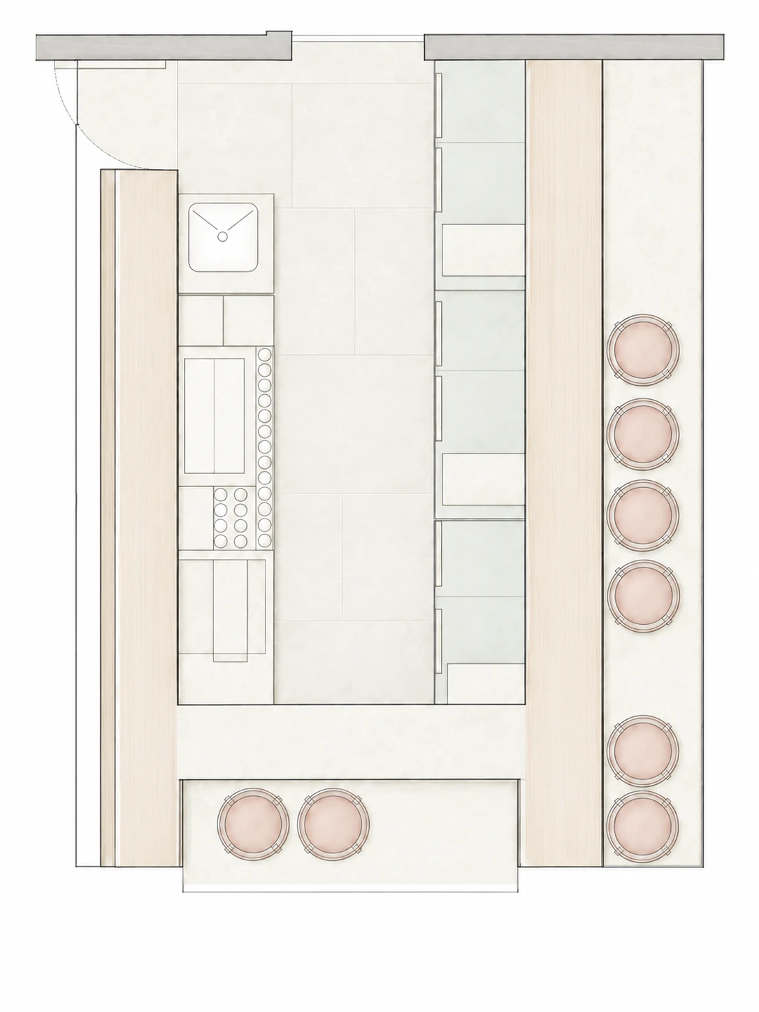 Light muted architectural illustration of bar plan for Gong restaurant in Powai, Mumbai.