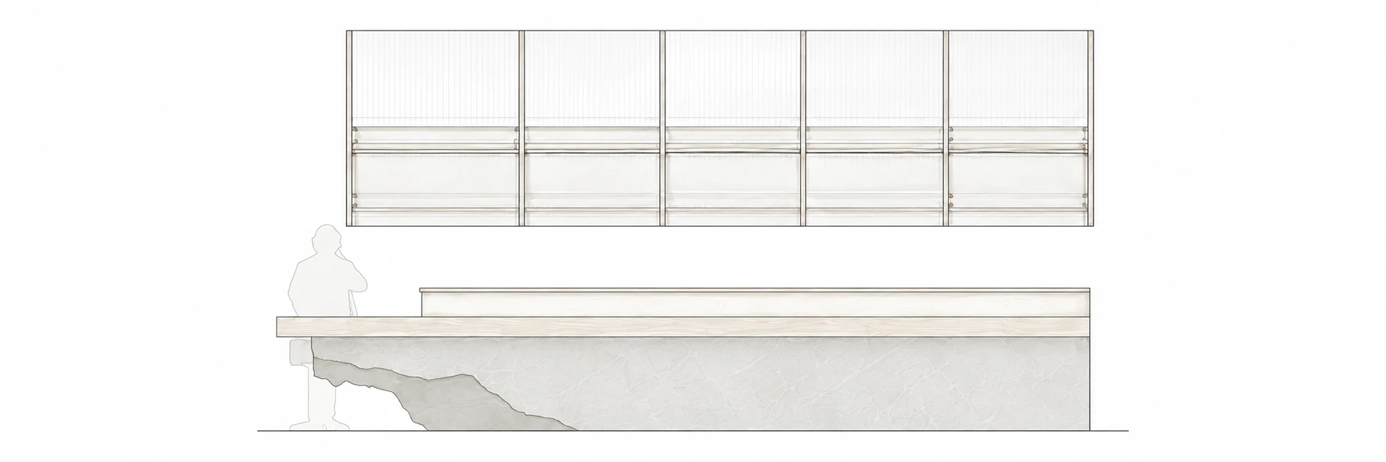 Light muted architectural illustration of bar elevation 03 for Gong restaurant in Powai, Mumbai.