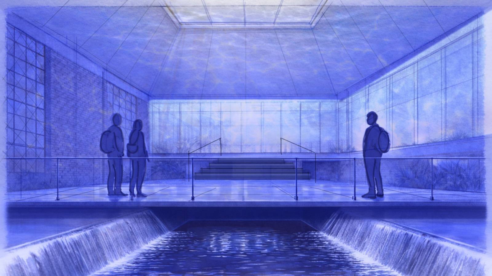 Float — entry bridge over the reflecting pool, night