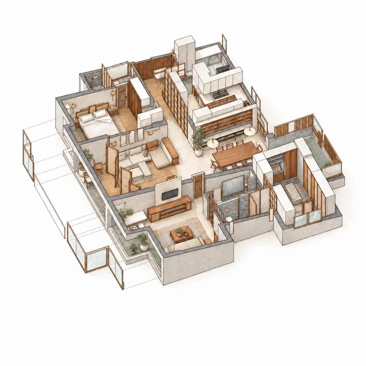 House By The Sea, Malabar Hill — House By The Sea — material isometric. Architectural illustration; AI-assisted colouring of the original isometric.