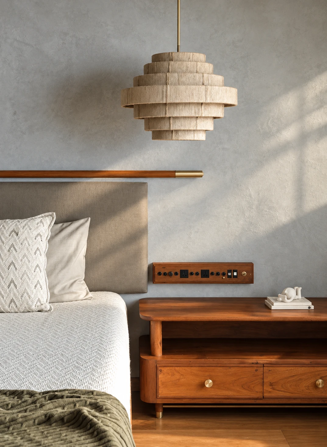 House By The Sea, Malabar Hill — Bedroom woven pendant. Built interior photograph; AI-retouched.
