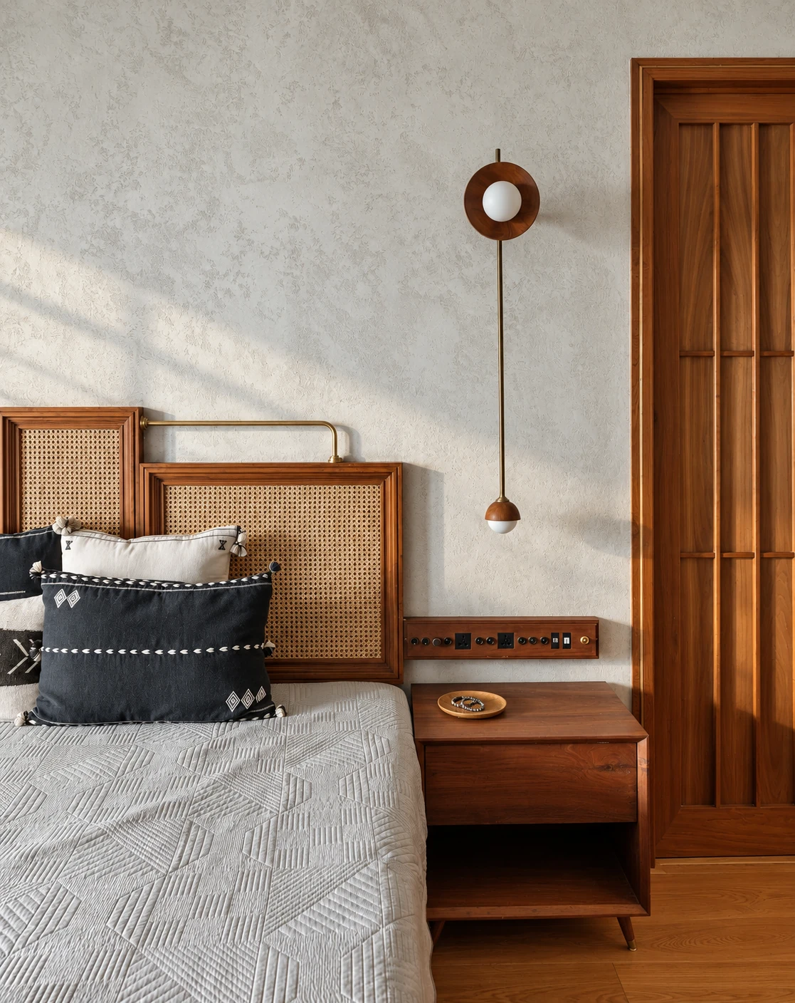 House By The Sea, Malabar Hill — Bedroom cane headboard. Built interior photograph; AI-retouched.