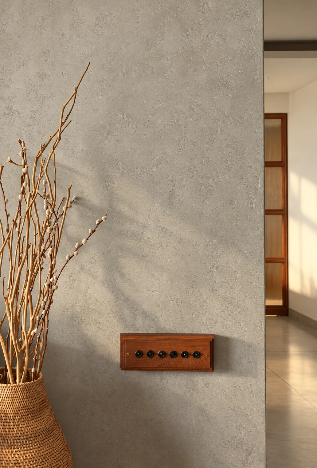 House By The Sea, Malabar Hill — Lime plaster switchplate. Built interior photograph; AI-retouched.