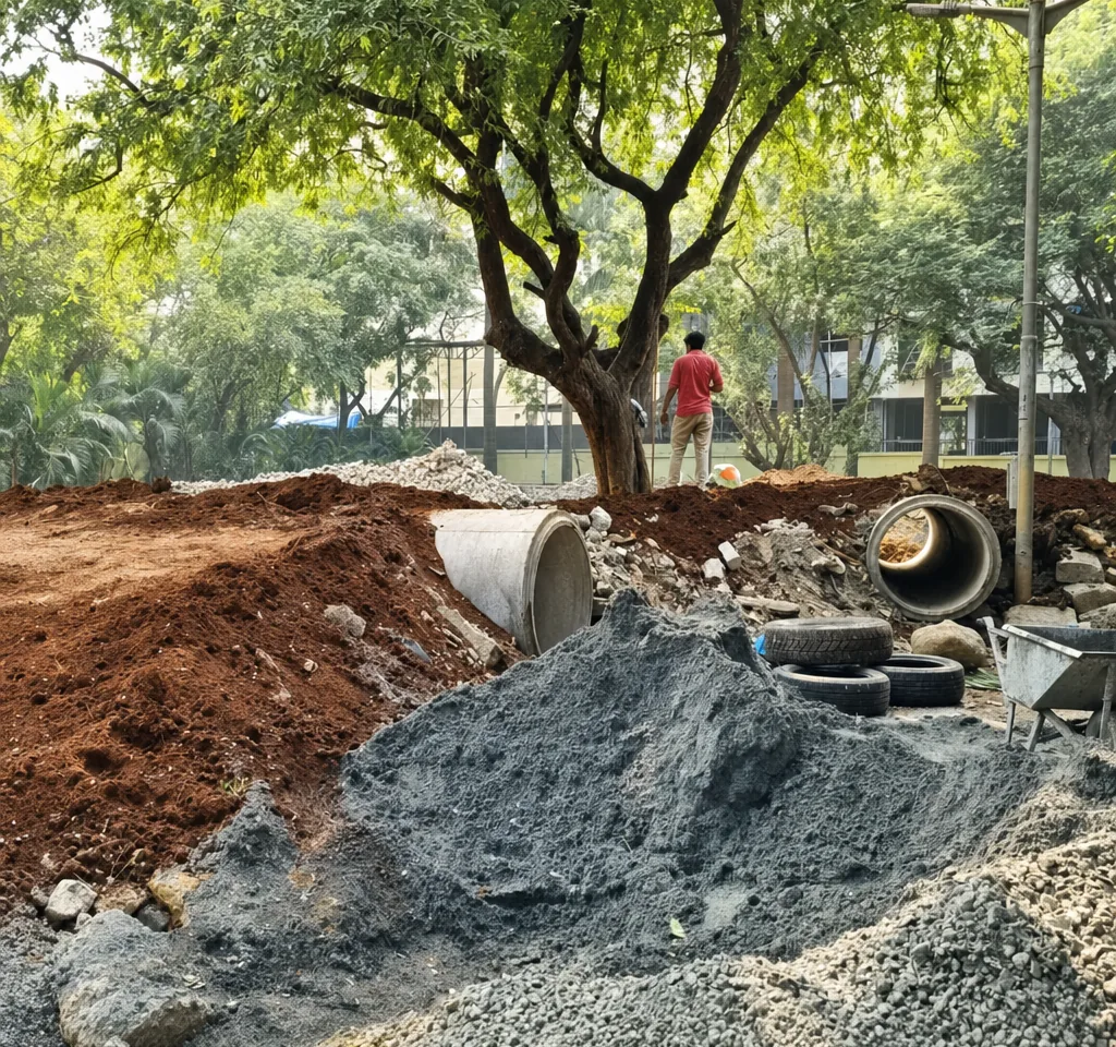 Pet Park — Ground shaping, subgrade preparation, and structural positioning of reinforced concrete pipe tunnels during construction.