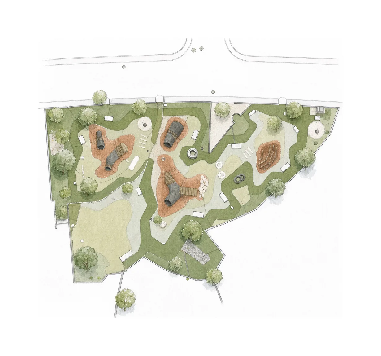 Pet Park — Drawing 101.1: General Arrangement Plan detailing circulation, agility zones, resting nodes, and planting.