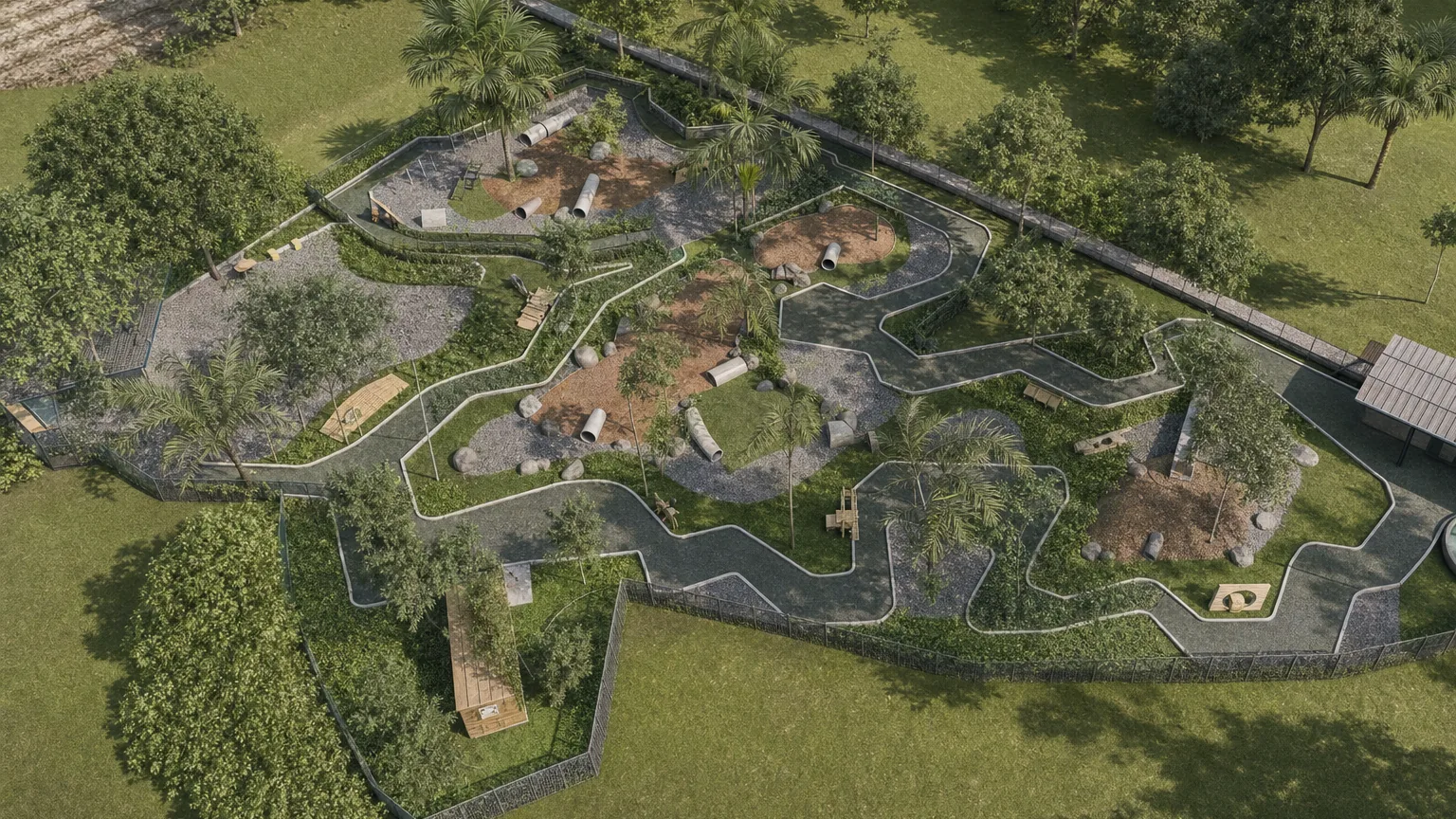 Pet Park — 3D isometric masterplan visualization showing the relationship between earth mounds, timber pods, and perimeter pathways.