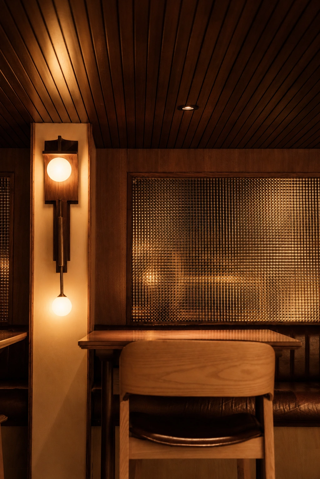 SWC Barroom, Bandra, Mumbai: textured glass and sconce in warm evening light.
