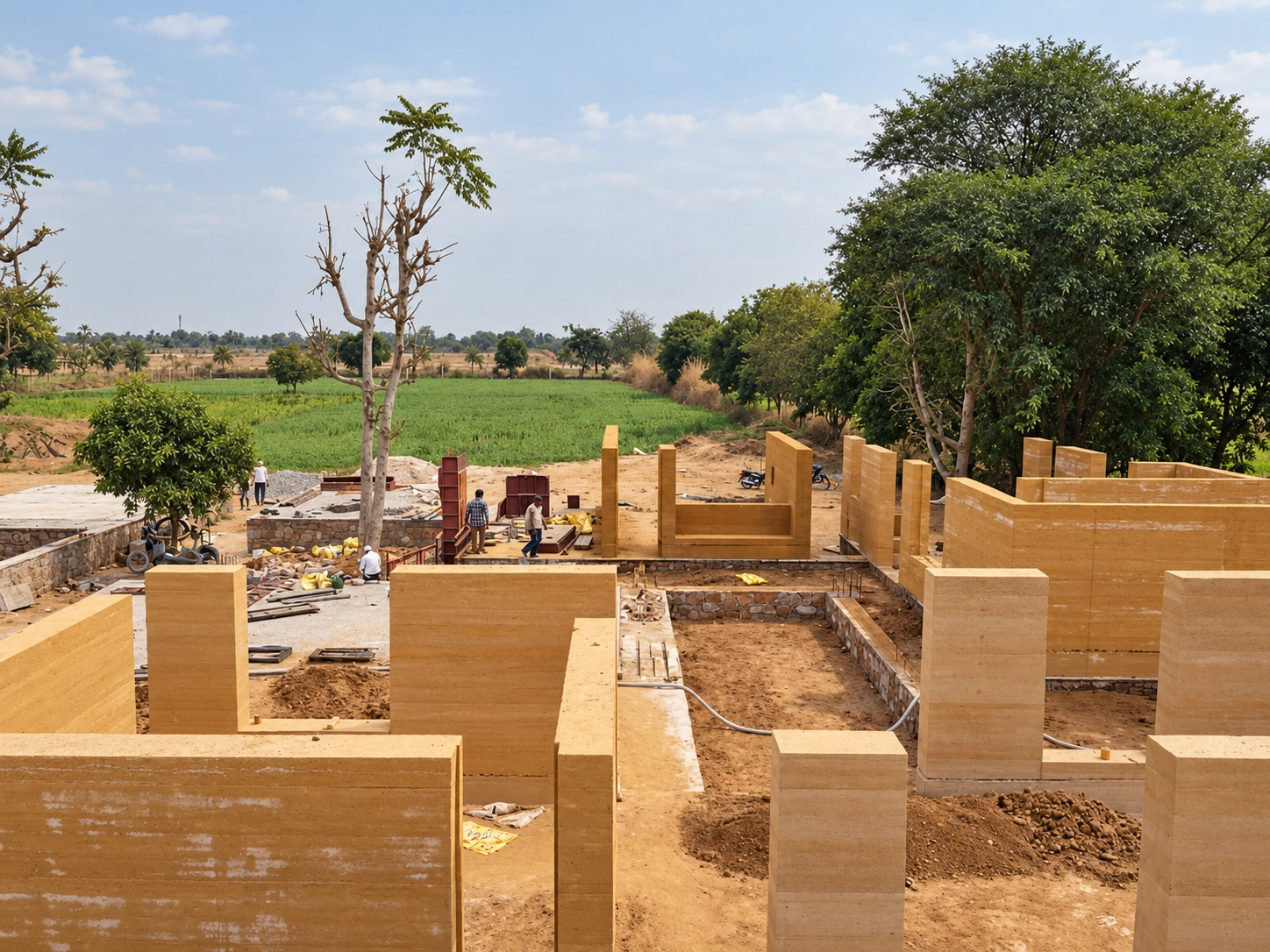 Seven Gardens, Jaipur — earth walls in progress.