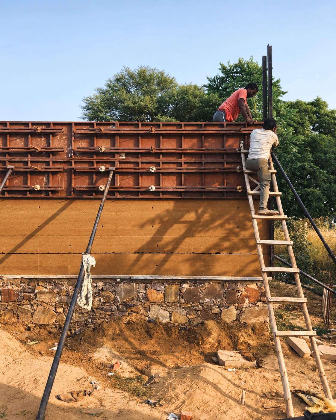 Seven Gardens, Jaipur — rammed-earth formwork.