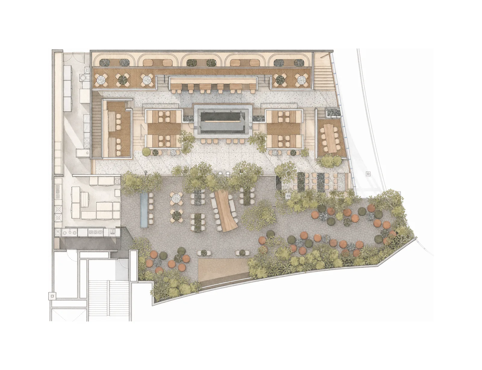 SOCIAL South City Mall — Layout plan, interior plus rooftop garden; AI-assisted architectural illustration.