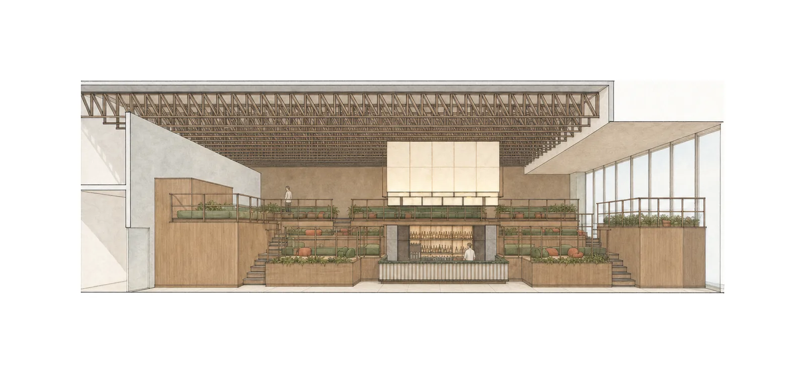 SOCIAL South City Mall — Long section through the bar and lantern; AI-assisted architectural illustration.