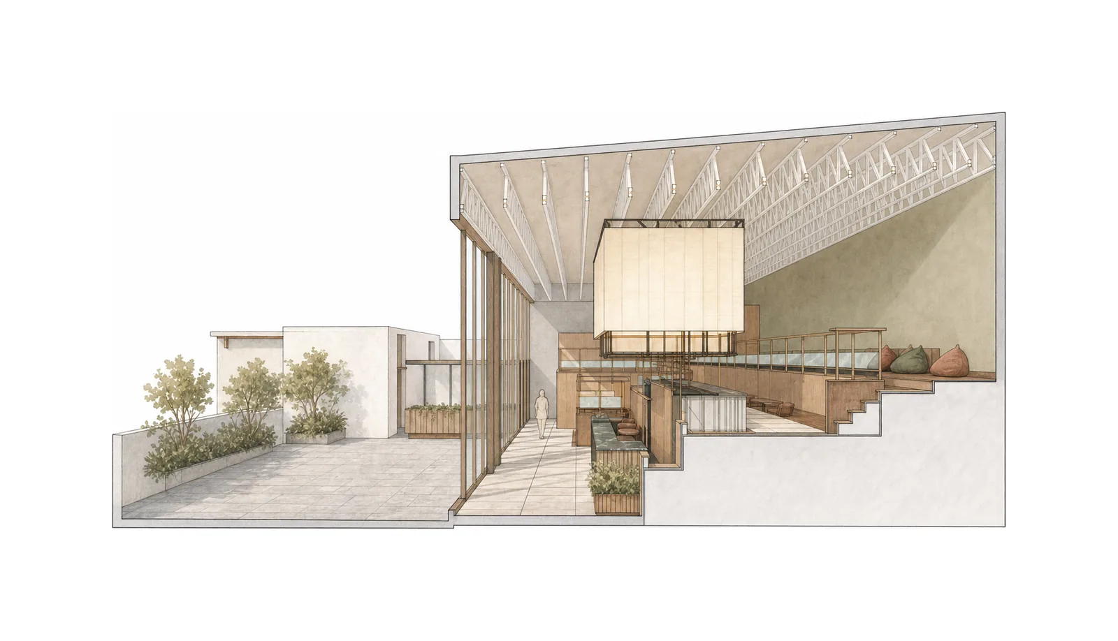 SOCIAL South City Mall — Section through terrace and interior; AI-assisted architectural illustration.