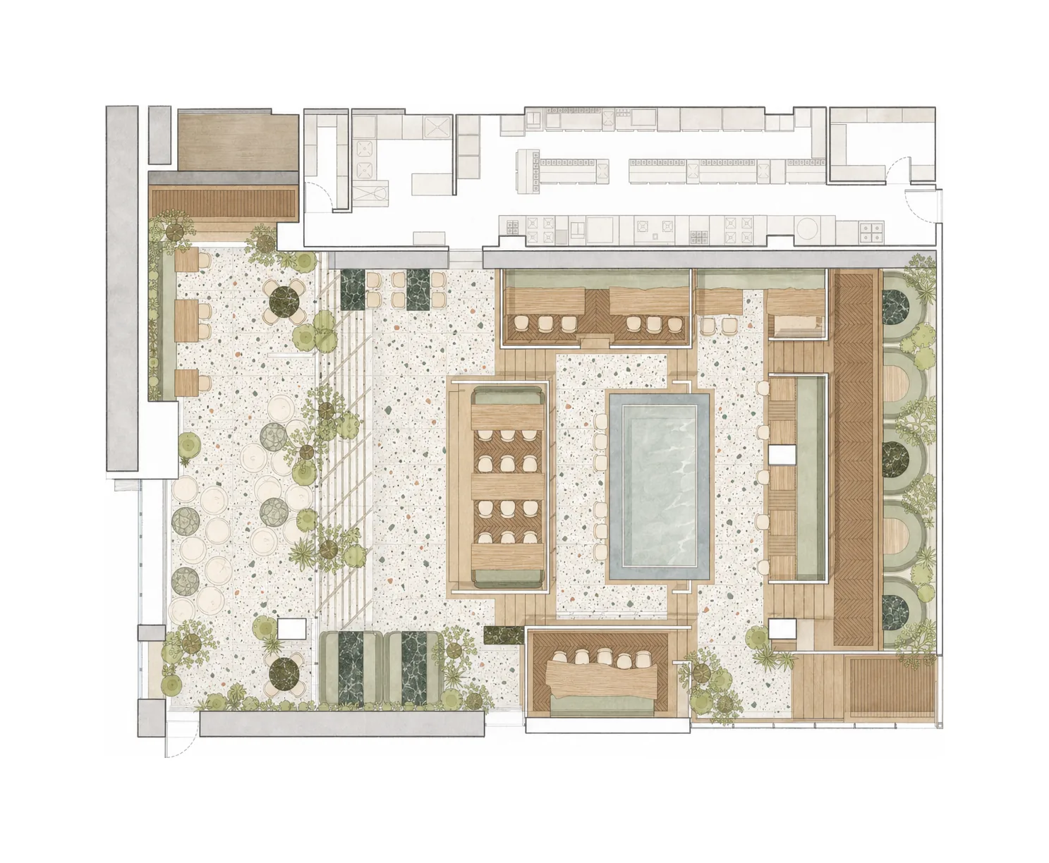 SOCIAL Malad — Layout plan, terrazzo and green-marble floor; AI-assisted architectural illustration.