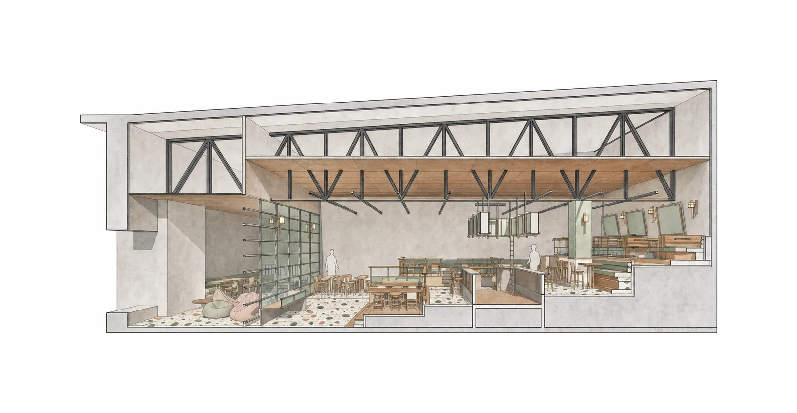 SOCIAL Malad — Long section through bar and steel roof; AI-assisted architectural illustration.