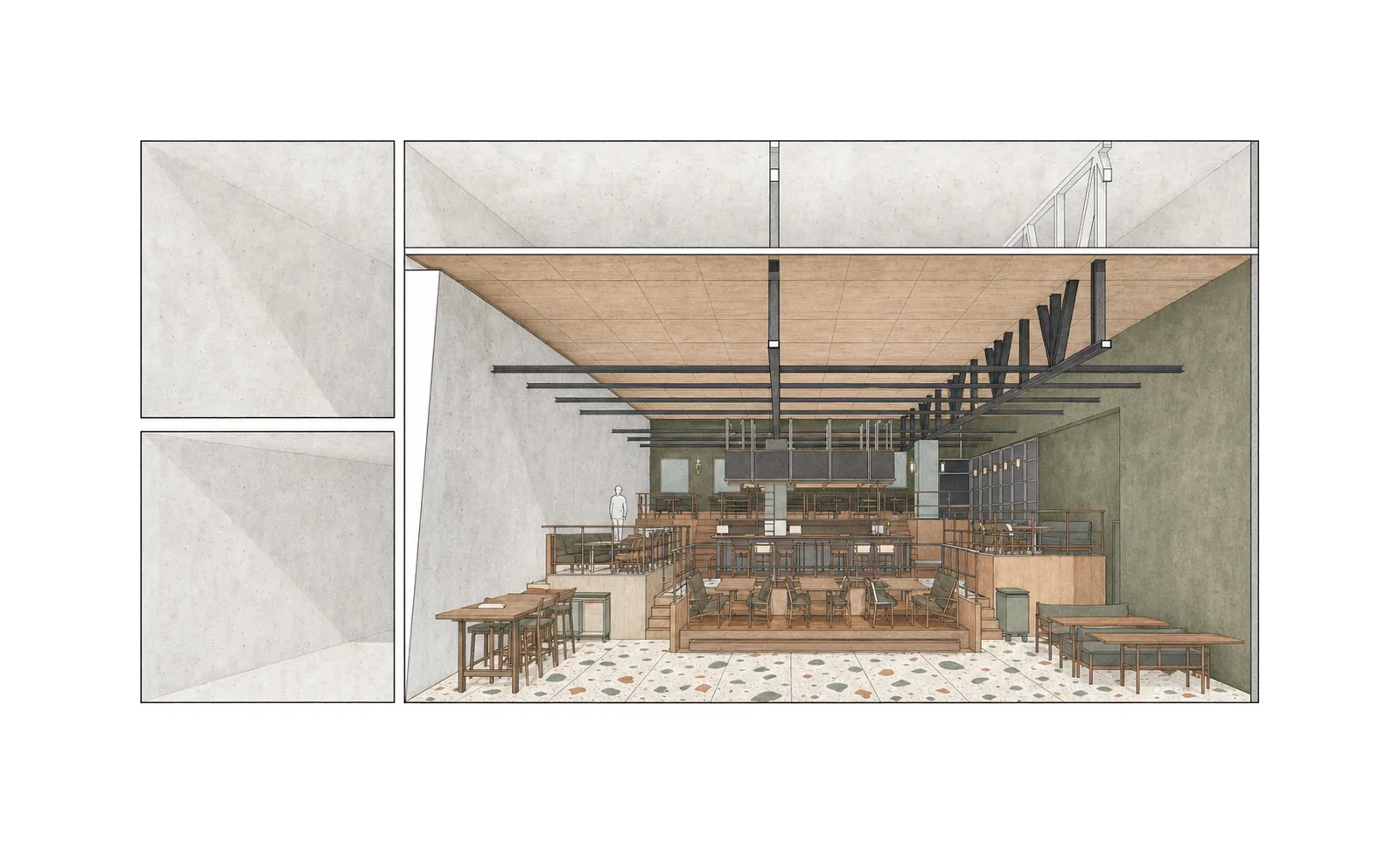 SOCIAL Malad — Cross section; AI-assisted architectural illustration.