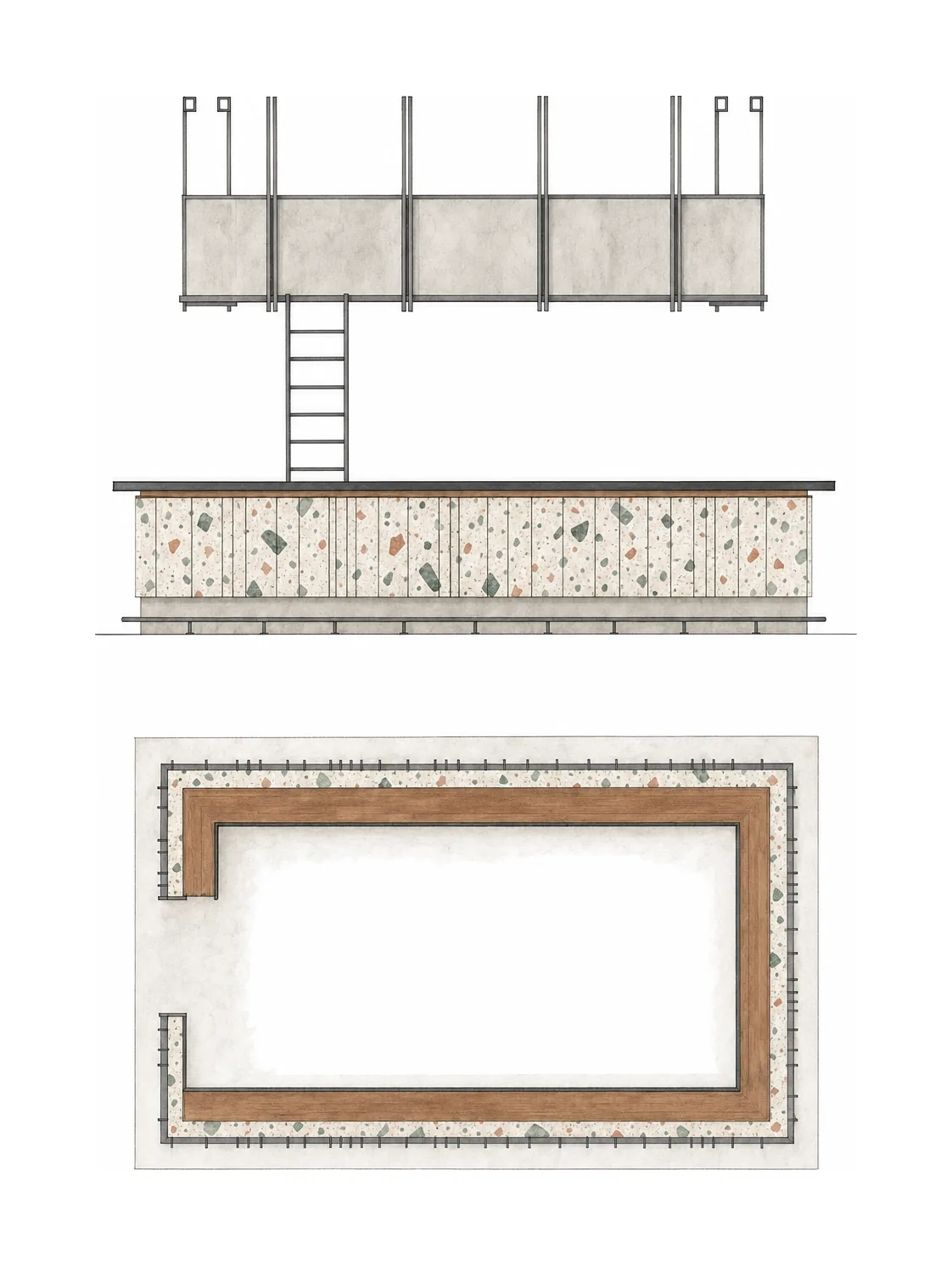 SOCIAL Malad — Bar counter elevation and plan; AI-assisted architectural illustration.