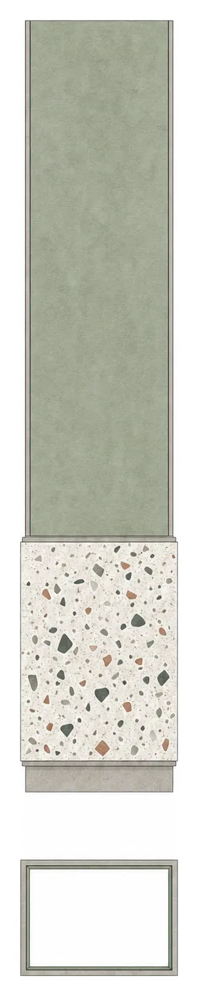 SOCIAL Malad — Column cladding on a terrazzo base; AI-assisted architectural illustration.