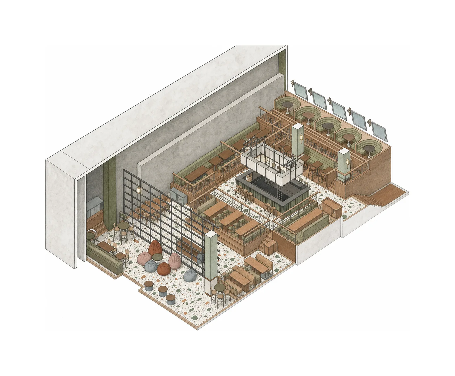 SOCIAL Malad — Isometric cutaway of the whole venue; AI-assisted architectural illustration.