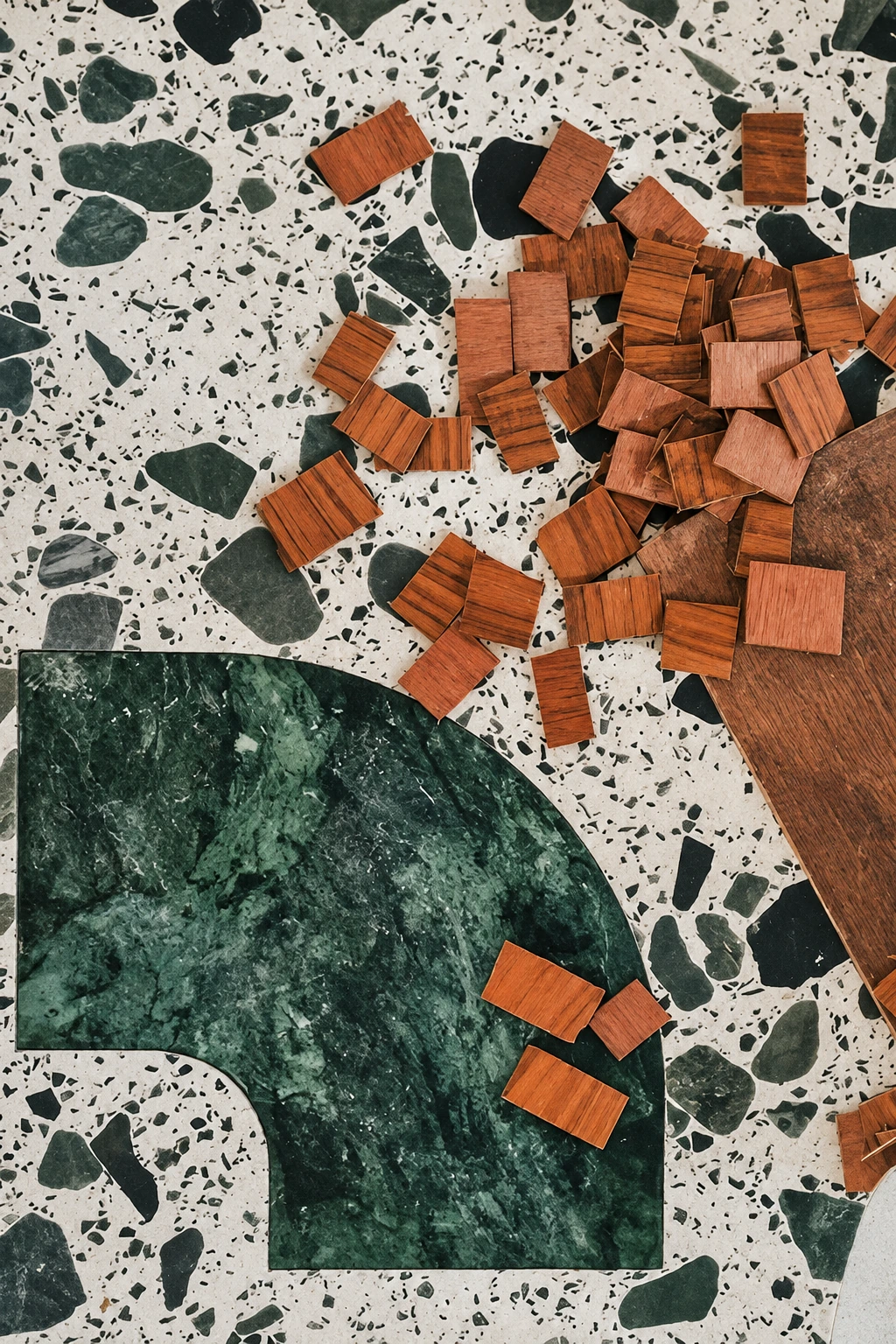 SOCIAL Malad — Terrazzo and timber detail; AI-assisted architectural image edit.