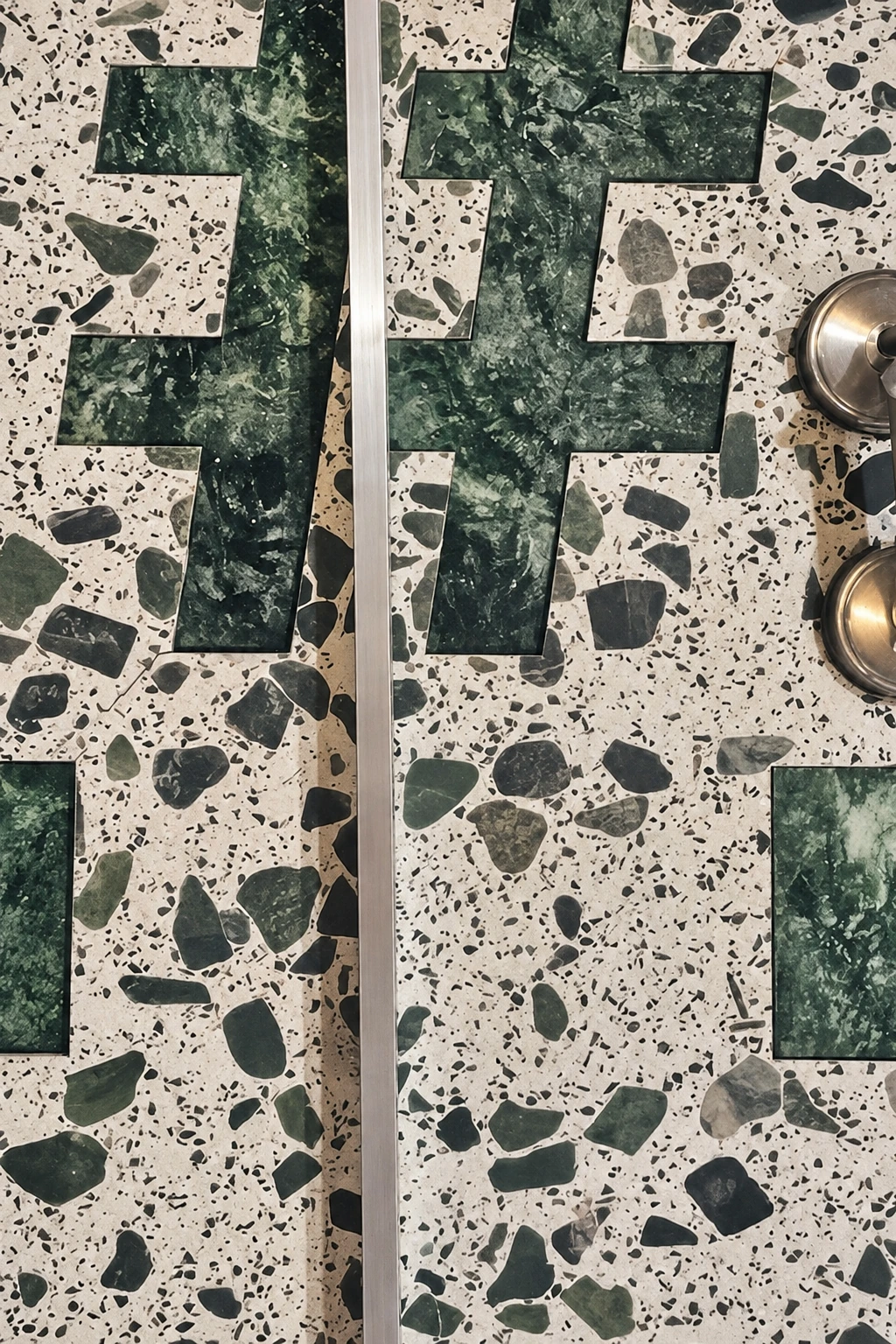 SOCIAL Malad — Terrazzo floor inlay; AI-assisted architectural image edit.