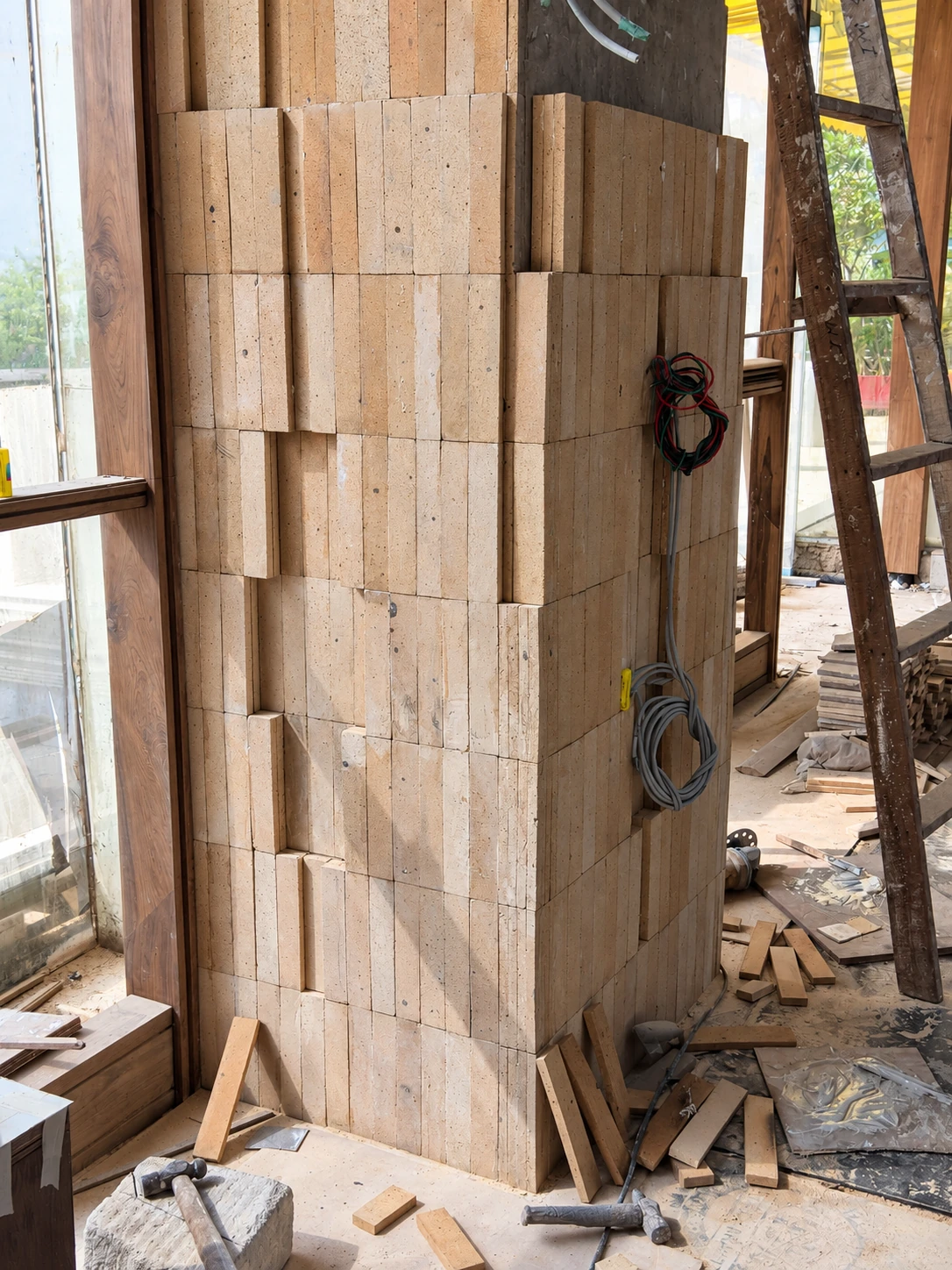 SOCIAL Vashi — Brick column in progress. Projecting brick courses build depth around the column; wiring and unfinished edges remain visible.