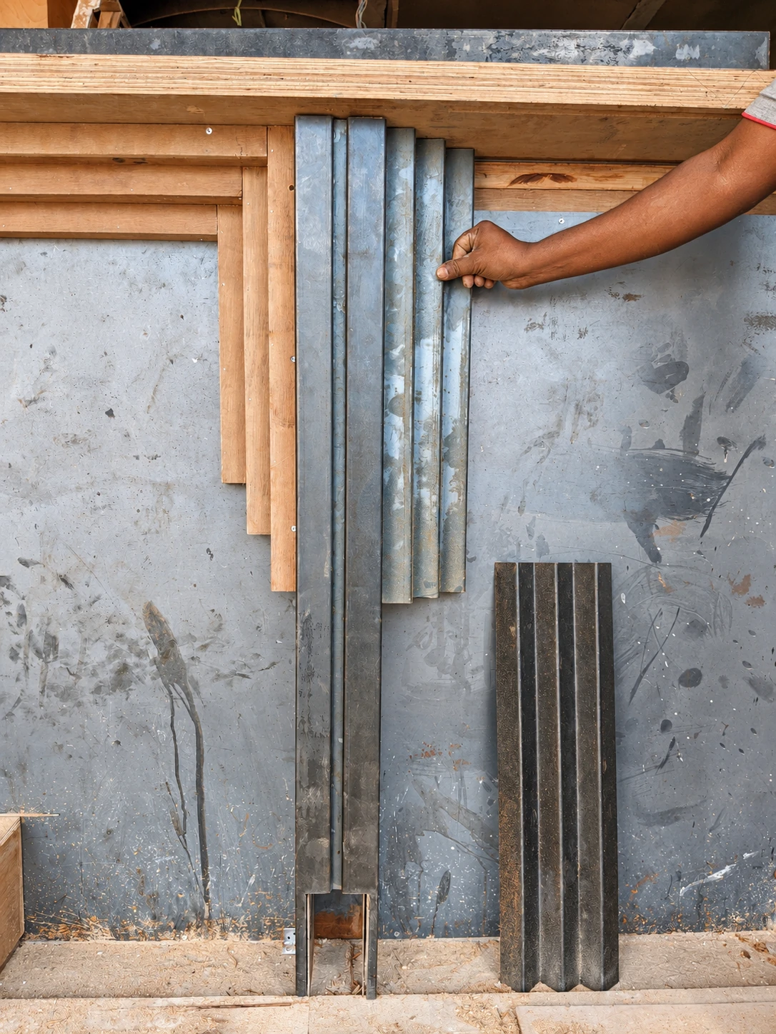 SOCIAL Vashi — Metal profile mock-up. Nested steel profiles test the stepped motif against a timber frame.